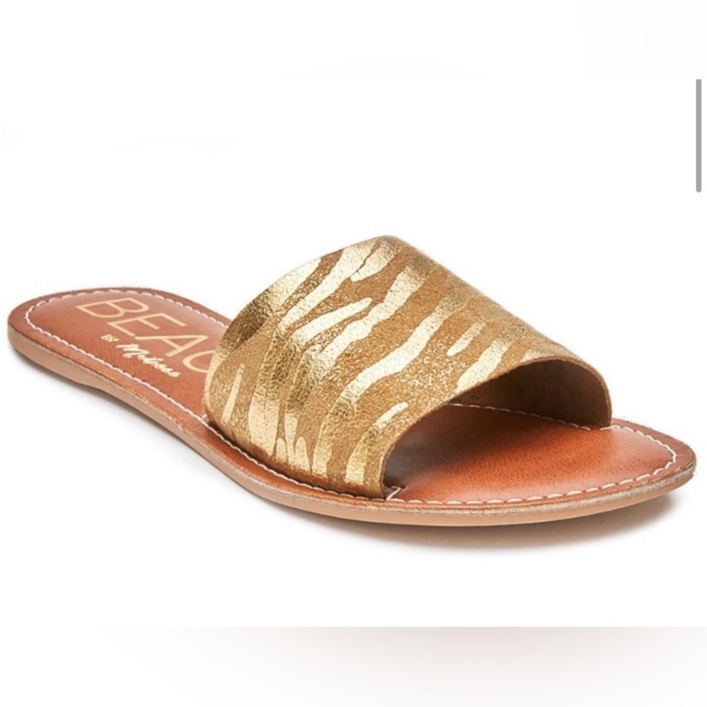 Beach by Matisse Cabana Gold Metallic Zebra Print Slide On Flat Sandals Size 7